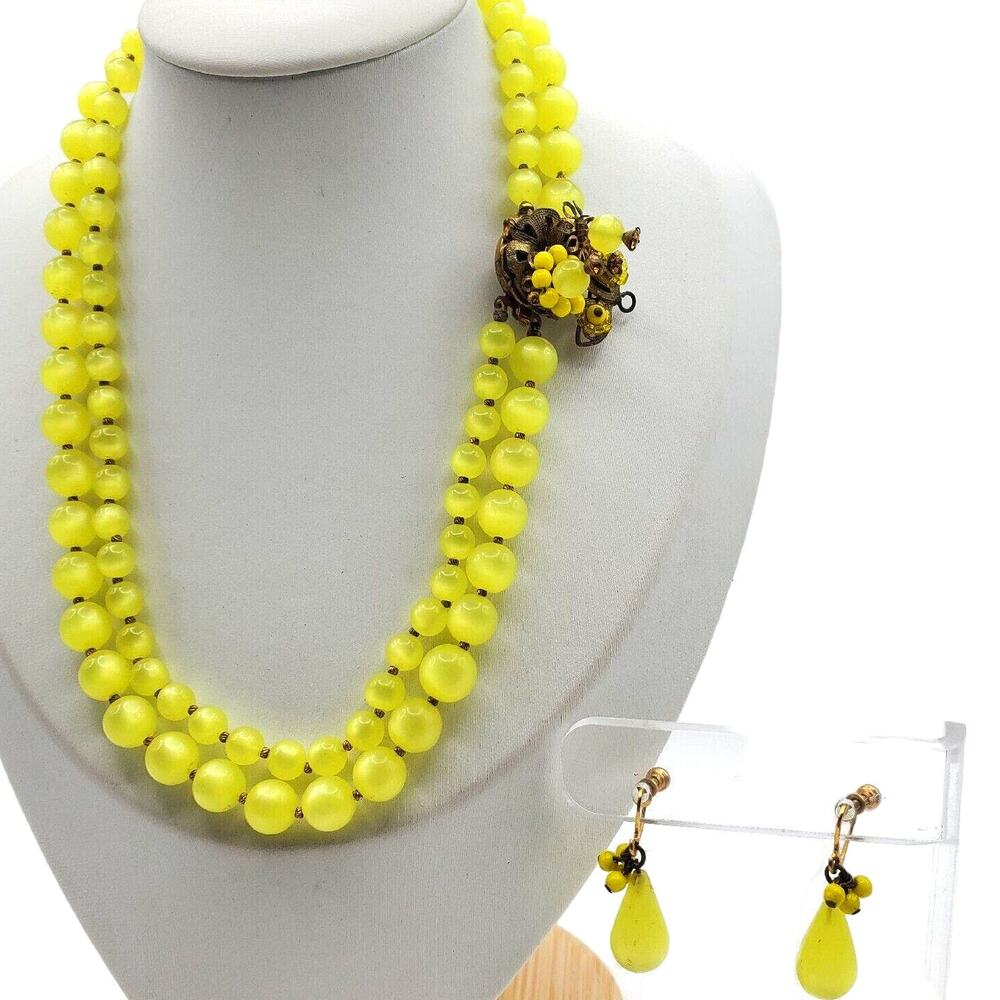 Yellow Moonglow Beaded Necklace & Earrings Eugene Schultz Rhinestone Vintage 40s
